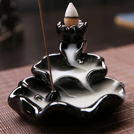 Black Ceramic Lotus Backflow & Stick Incense Burner
